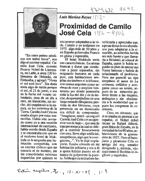 Proximidad de Camilo José Cela  [artículo] Luis Merino Reyes.