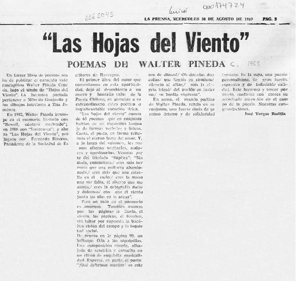 "Las hojas del viento"  [artículo] José Vargas Badilla.