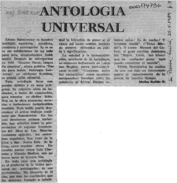 Antología universal  [artículo] Matías Rafide.