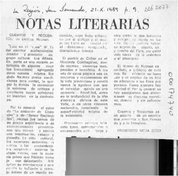 Notas literarias  [artículo] Francisco Mesa Seco.