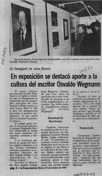 En exposición se detacó aporte a la cultura del escritor Osvaldo Wegmann  [artículo].
