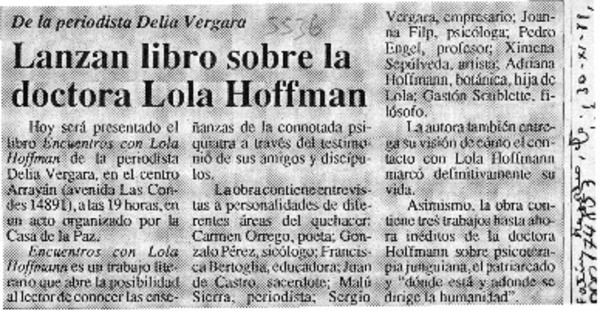 Lanzan libro sobre la doctora Lola Hoffman  [artículo].