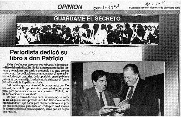 Periodista dedicó su libro a don Patricio  [artículo].