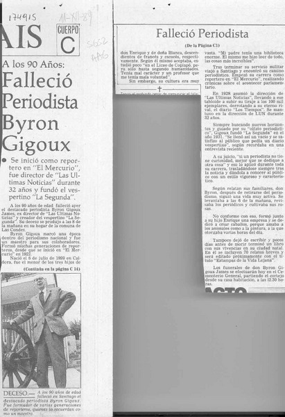 Falleció periodista Byron Gigoux  [artículo].