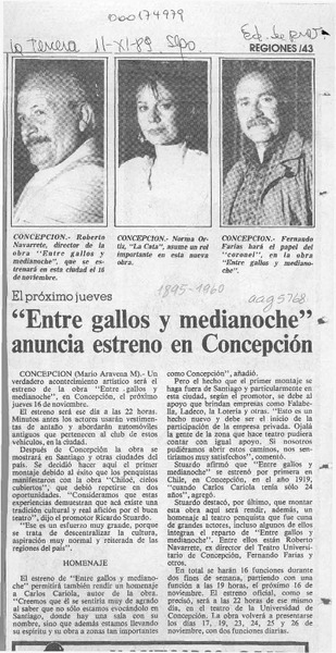 "Entre gallos y medianoche" anuncia estreno en Concepción  [artículo] Mario Aravena M.