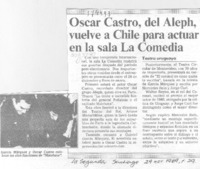 Oscar Castro, del Aleph, vuelve a Chile para actuar en la sala La Comedia