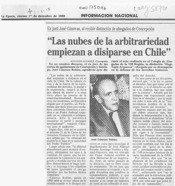"Las nubes de la arbitrariedad empiezan a disiparse en Chile"  [artículo] Antonio Alvarez.