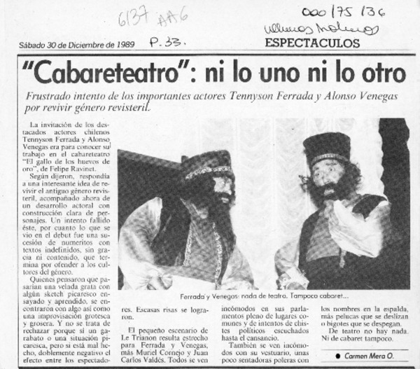 "Cabareteatro", ni lo uno ni lo otro  [artículo] Carmen Mera O.