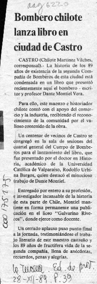 Bombero chilote lanza libro en ciudad de Castro  [artículo] Chilote Martínez Vilches.