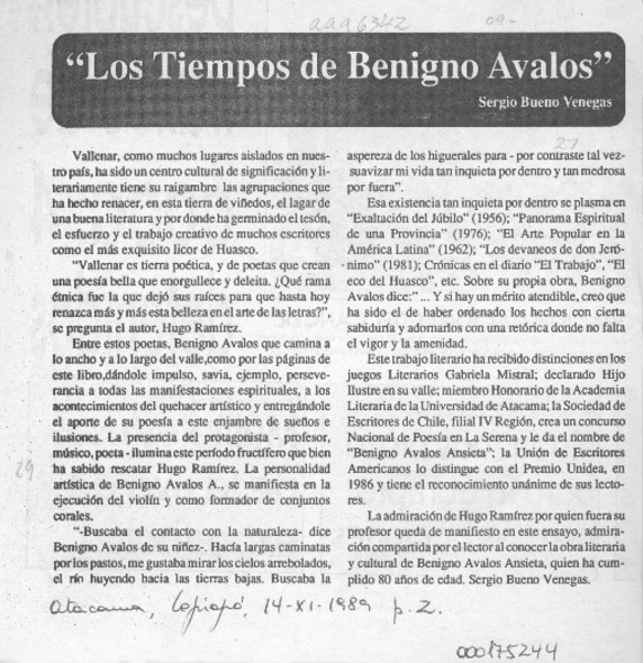 "Los tiempos de Benigno Avalos"  [artículo] Sergio Bueno Venegas.