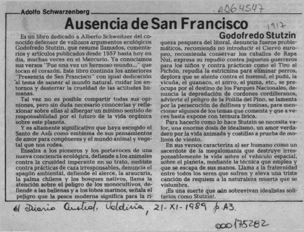 "Ausencia de San Francisco"  [artículo] Adolfo Schwarzenberg.