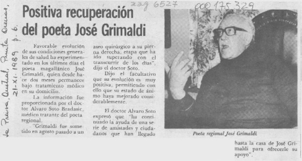 Positiva recuperación del poeta José Grimaldi