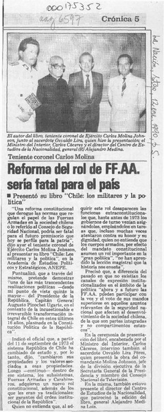 Reforma del rol de FF. AA. sería fatal para el país  [artículo].