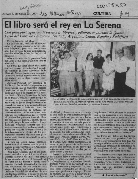 El libro será el rey en La Serena  [artículo] Samuel Valenzuela Y.