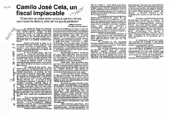 Camilo José Cela, un fiscal implacable  [artículo] Mauricio Barrena I.