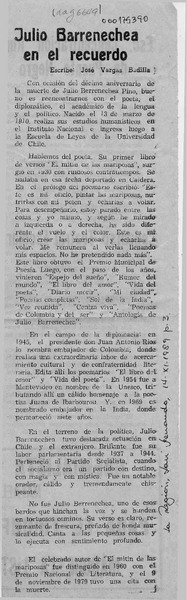 Julio Barrenechea en el recuerdo  [artículo] José Vargas Badilla.