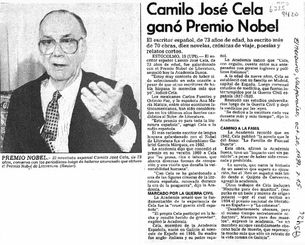 Camilo José Cela ganó Premio Nobel  [artículo].