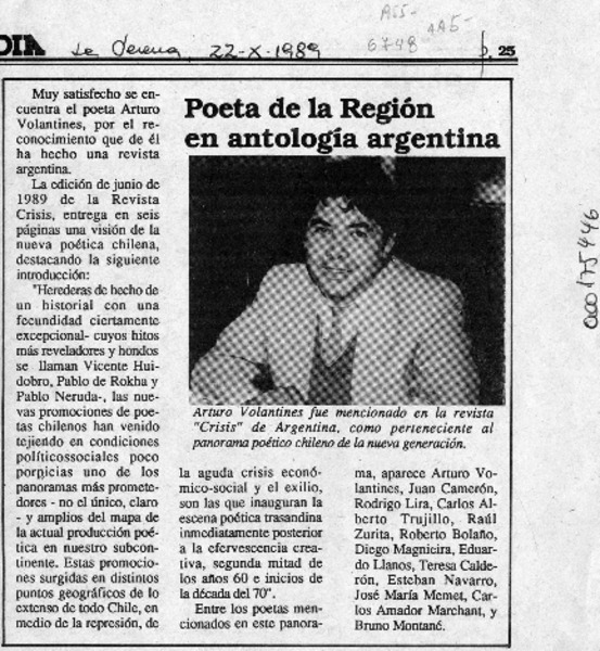 Poeta de la Región en antología argentina  [artículo].