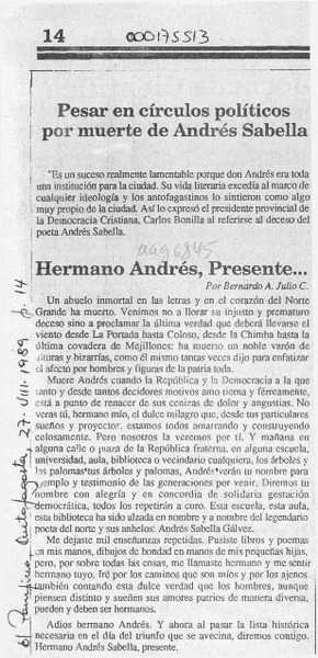 Hermano Andrés, presente --  [artículo] Bernardo A. Julio C.