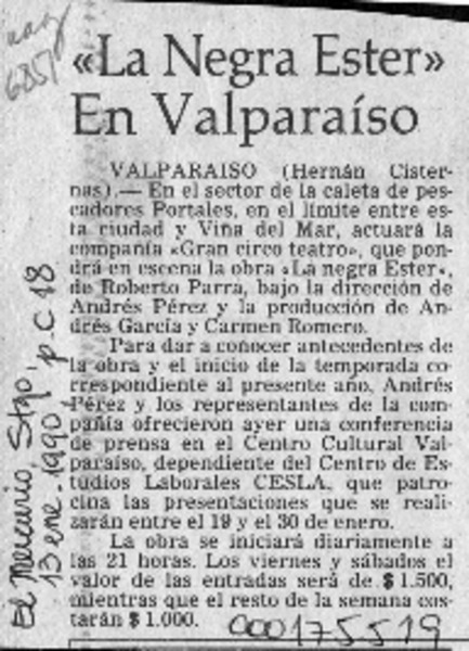 "La Negra Ester" en Valparaíso  [artículo] Hernán Cisternas.