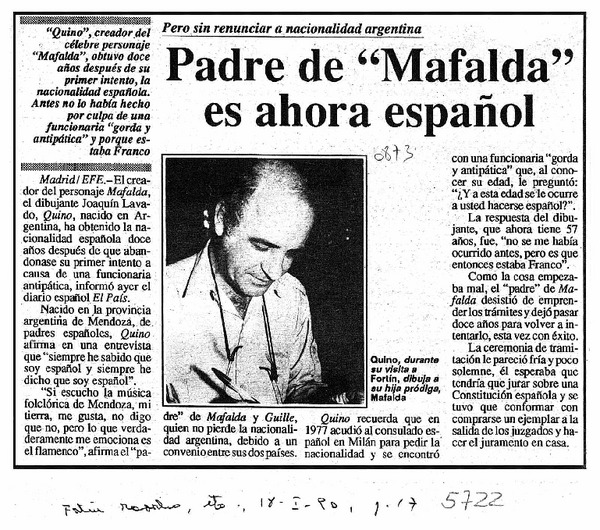 Padre de "Mafalda" es ahora español  [artículo].