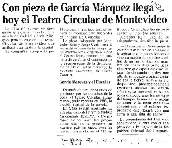 Con pieza de García Márquez llega hoy el Teatro Circular de Montevideo  [artículo].