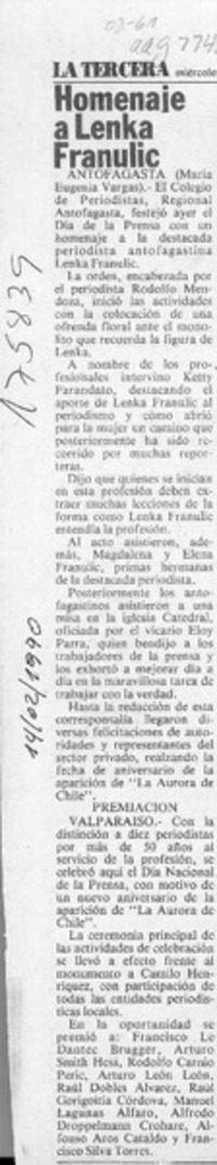 Homenaje a Lenka Franulic  [artículo] María Eugenia Vargas.