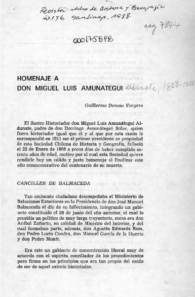 Homenaje a don Miguel Luis Amunátegui  [artículo] Guillermo Donoso Vergara.