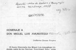 Homenaje a don Miguel Luis Amunátegui  [artículo] Guillermo Donoso Vergara.