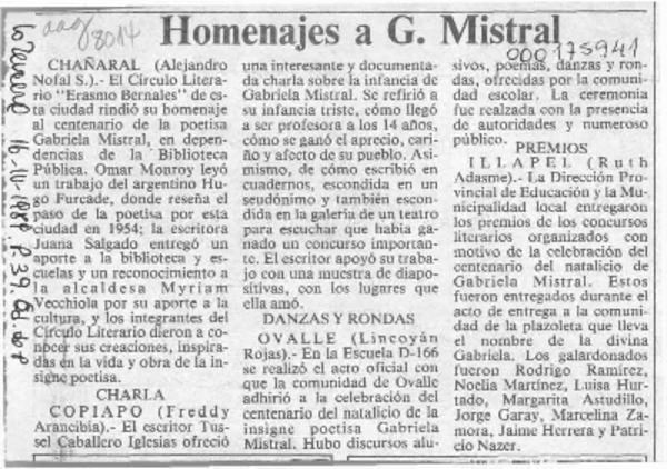 Homenajes a G. Mistral  [artículo] Alejandro Nofal S.
