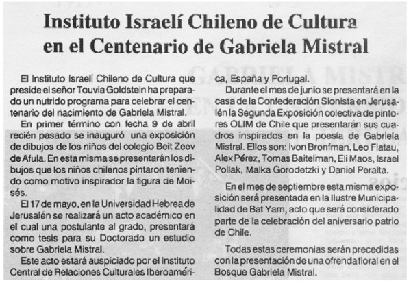 Instituto Israelí Chileno de Cultura en el Centenario de Gabriela Mistral