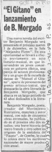 "El Gitano" en lanzamiento de B. Morgado  [artículo].