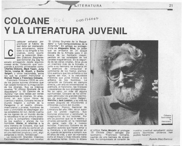 Coloane y la literatura juvenil  [artículo] Ramón Díaz Eterovic.