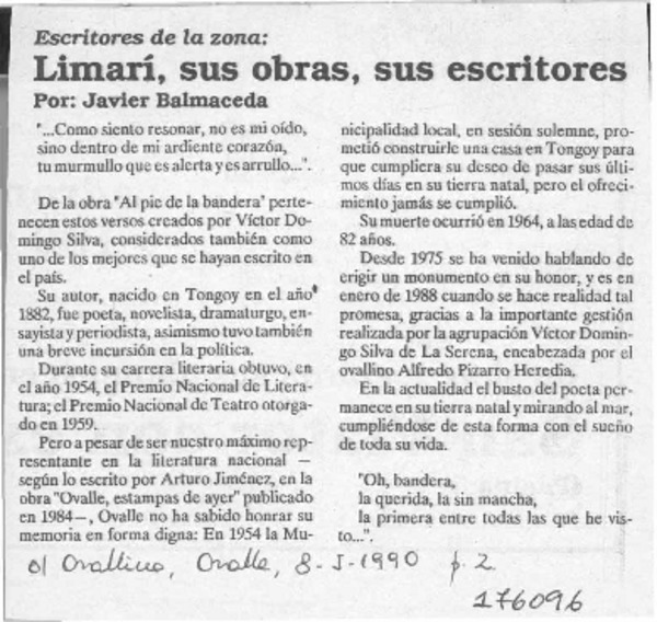 Limarí, sus obras, sus escritores  [artículo] Javier Balmaceda.