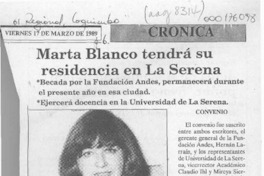 Marta Blanco tendrá su residencia en La Serena  [artículo].