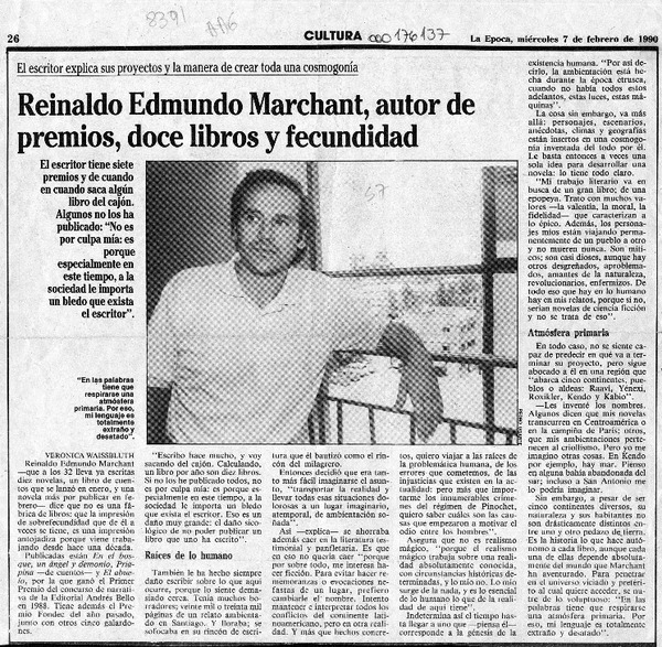 Reinaldo Edmundo Marchant, autor de premios, doce libros y fecundidad  [artículo] Verónica Waissbluth.