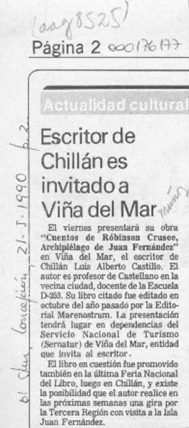 Escritor de Chillán es invitado a Viña del Mar  [artículo].