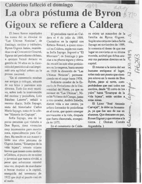 La obra póstuma de Byron Gigoux se refiere a Caldera  [artículo] Osmán Cortés Argandoña.