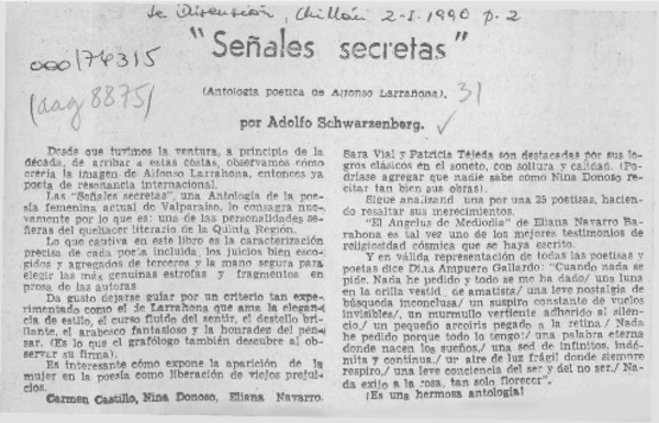 "Señales secretas"  [artículo] Adolfo Schwarzenberg.