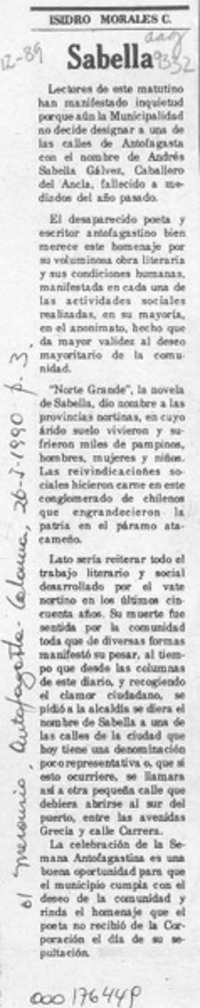 Sabella  [artículo] Isidro Morales C.
