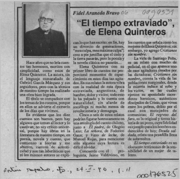 "El tiempo extraviado", de Elena Quinteros  [artículo] Fidel Araneda Bravo.