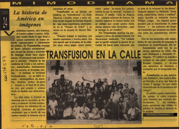 Transfusión en la calle  [artículo] Rodrigo Fernández.