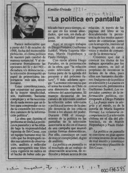 "La política en pantalla"  [artículo] Emilio Oviedo.