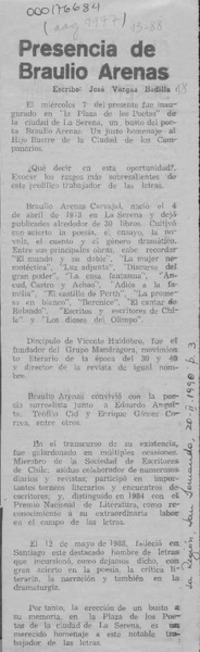 Presencia de Braulio Arenas  [artículo] José Vargas Badilla.