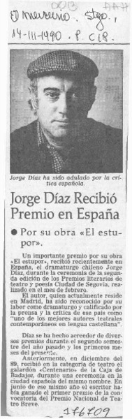 Jorge Díaz recibió premio en España  [artículo].