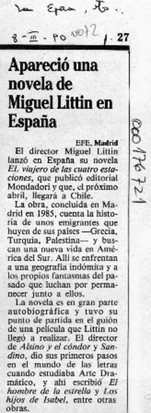 Apareció una novela de Miguel Littin en España  [artículo].