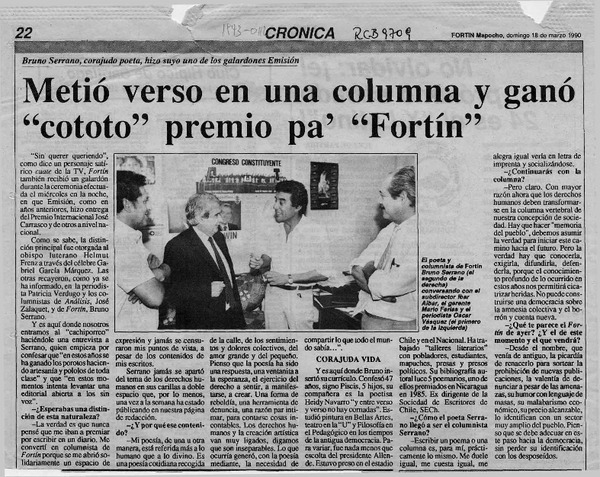 Metió verso en una columna y ganó "cototo" premio pa' "Fortín"  [artículo].