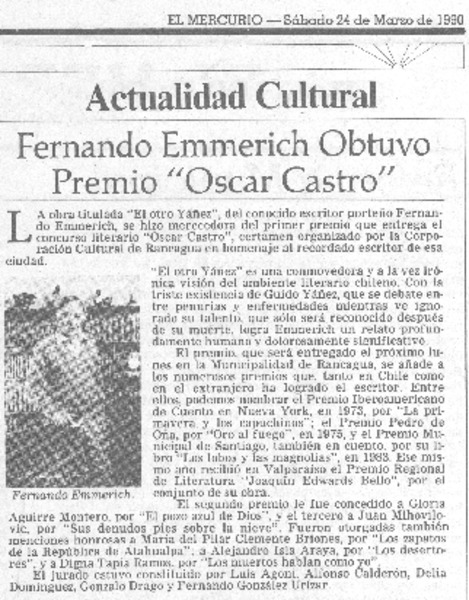 Fernando Emmerich obtuvo premio "Oscar Castro"