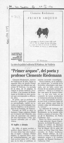 "Primer arqueo", del poeta y profesor Clemente Riedemann  [artículo].