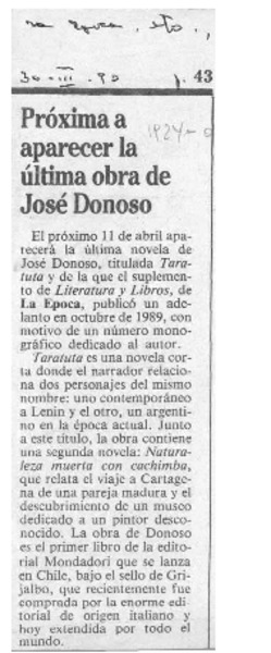 Próxima a aparecer la última obra de José Donoso  [artículo].